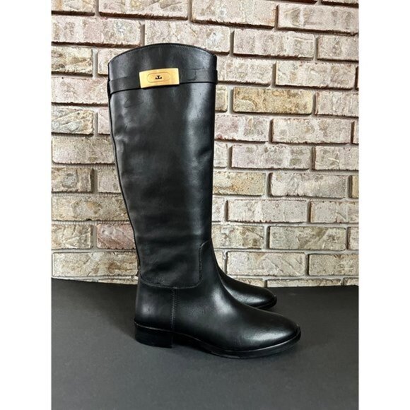 NWOB TORY BURCH T-HARDWARE black leather RIDING BOOTS size 7.5 - Picture 2 of 11